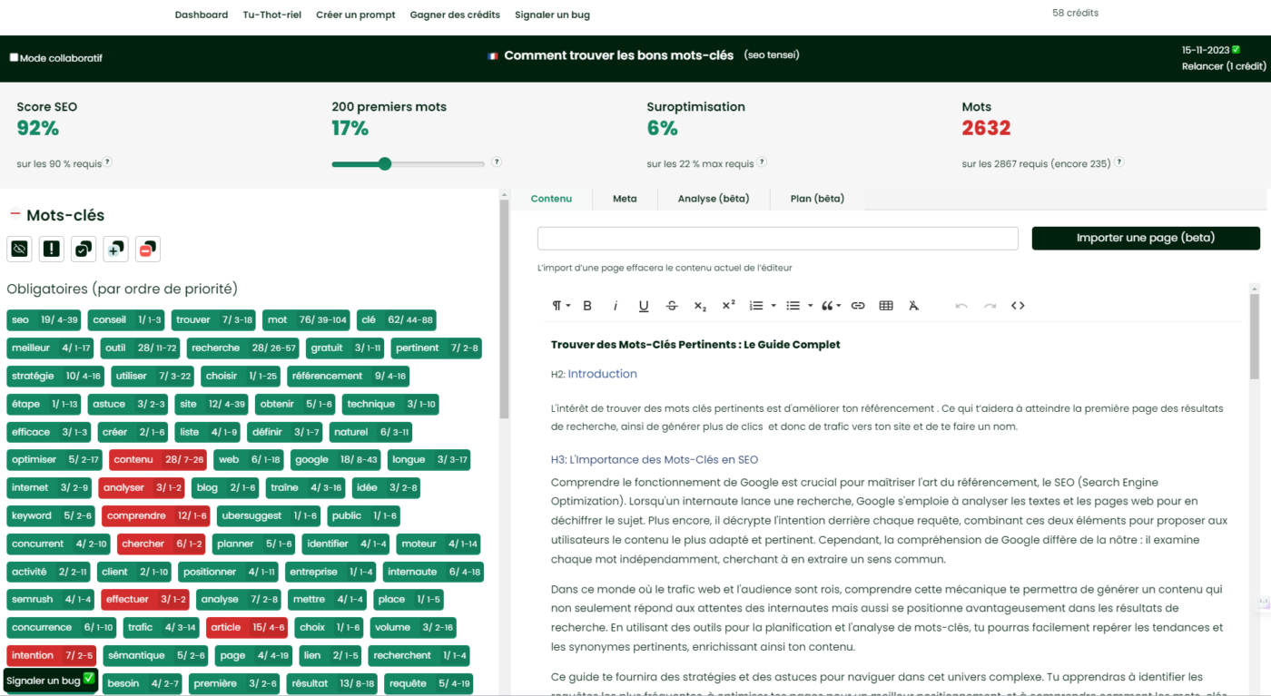 Thot SEO fourni les mots clés du champ lexical et Leurs occurrences