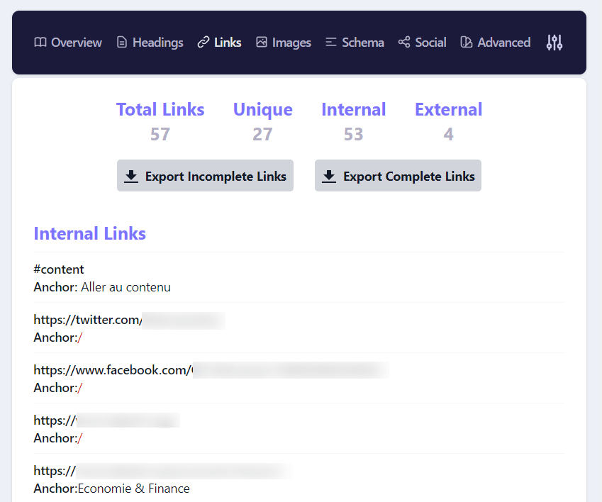 Capture d'écran d'un outil Indiquant lis informations de liens d'une page